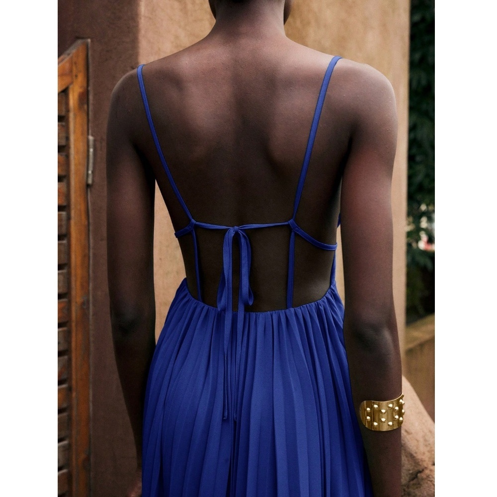 Blue Pleated Maxi Babydoll Dress Open Back Flowy Skirt Tie Straps Lined - Picture 9 of 11